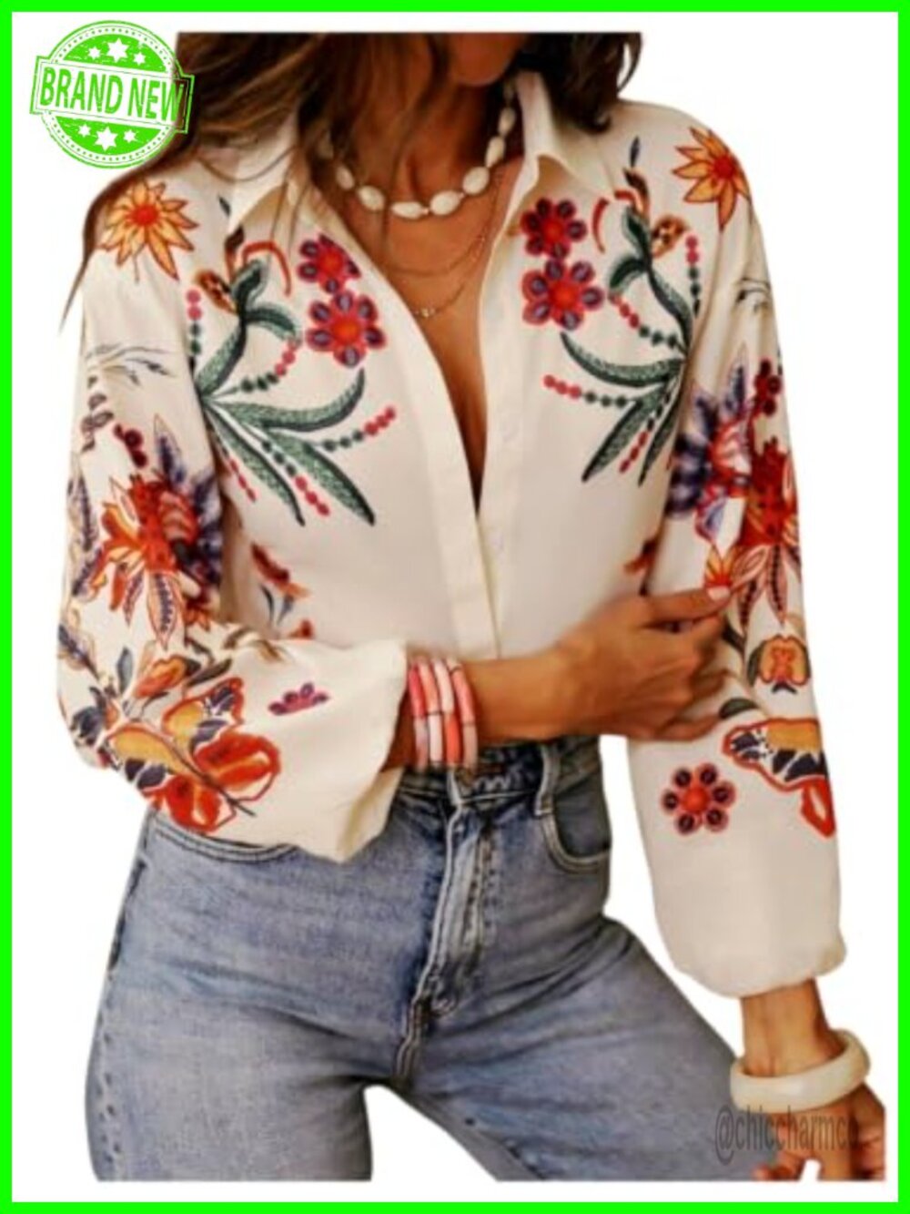 Boho Floral Button Up Blouse with Lantern Sleeves